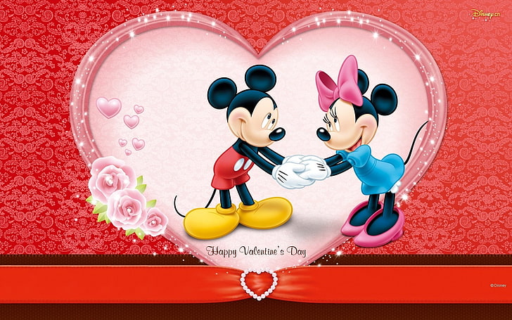 ミッキーマウスとミニーマウスイラスト、休日、バレンタインデー、漫画、ディズニー、ハート、愛、ミッキーマウス、ミニーマウス、 HDデスクトップの壁紙