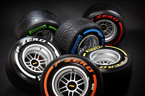 six vehicle wheels and six tires, wheel, tires, wheels, company, Formula-1, tyres, Formula 1, Pirelli, Italian, manufacturer, reliability and beauty, HD wallpaper HD wallpaper