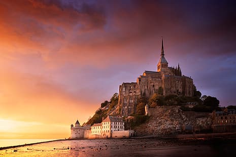 tramonto, roccia, Francia, fortezza, Normandia, Mont-Saint-Michel, Sfondo HD HD wallpaper