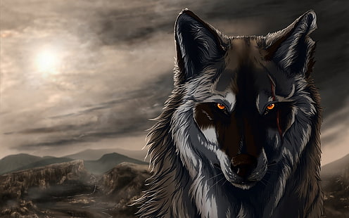 brown and white wolf illustration, wolf, artwork, digital art, animals, HD wallpaper HD wallpaper