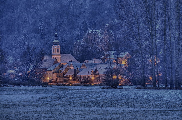 зима, церковь, пейзаж, снег, лед, старое здание, вечер, поле, башня, синий, HD обои