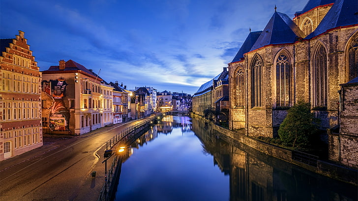 reflection, waterway, sky, belgium, water, europe, ghent, city, canal, evening, cityscape, dusk, river, HD wallpaper