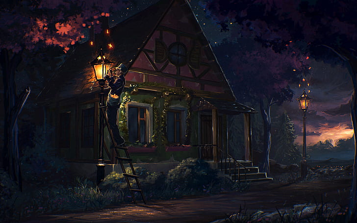 house, fairy tale backgrounds, art, light, night, download 3840x2400 house, HD wallpaper