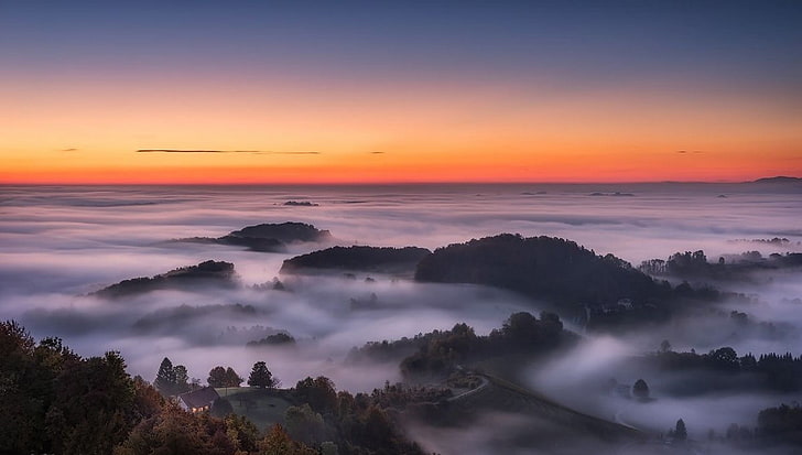 Sonnenuntergang, Natur, Landschaft, Fotografie, Sonnenaufgang, Hügel, Nebel, Wald, Haus, Straße, Ruhe, Slowenien, HD-Hintergrundbild