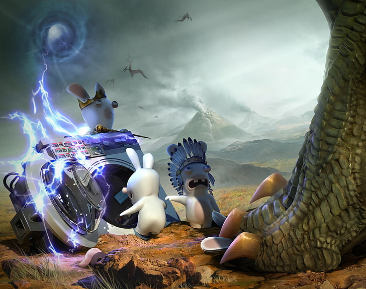 Raving Rabbids Travel In Time - Jurassic, white rabbits beside clothes washer digital painting, Games, Rayman Raving Rabbids, raving rabbids, raving rabbids travel in time, jurassic, raving rabbids travel in time - jurassic, raving rabbids 2010, HD wallpaper