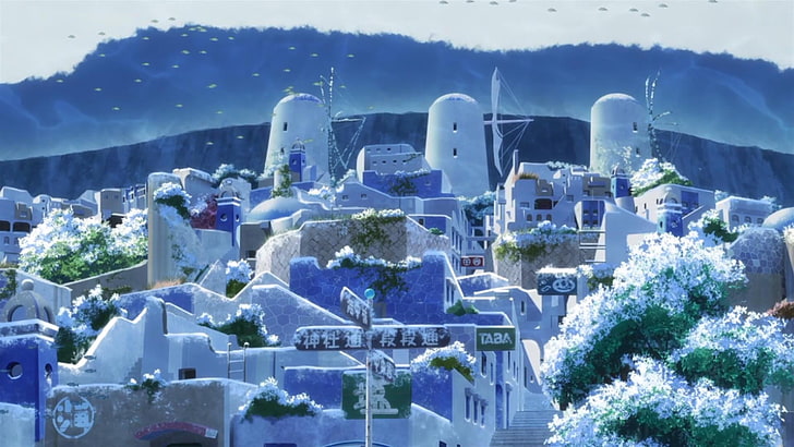 purple and blue village, Nagi no Asukara, anime, cityscape, HD wallpaper