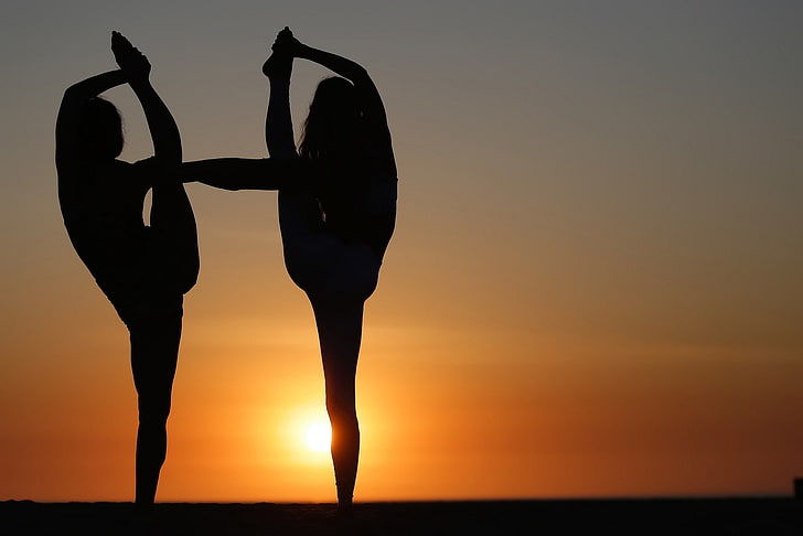 the sun, girls, flexibility, silhouette, yoga, HD wallpaper