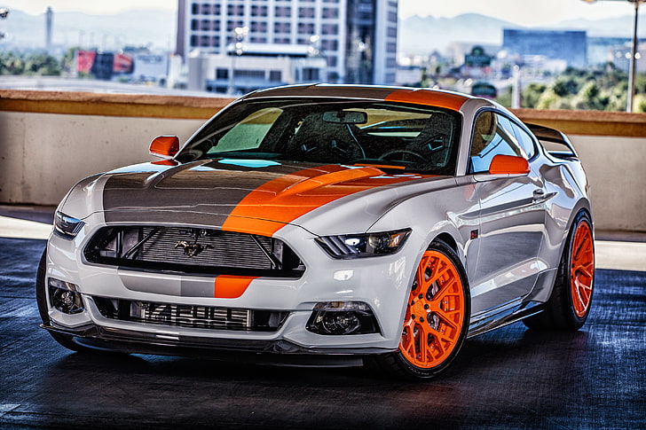 Silber und Orange Ford Mustang Coupé, Mustang, Ford, Bojix Design, HD-Hintergrundbild