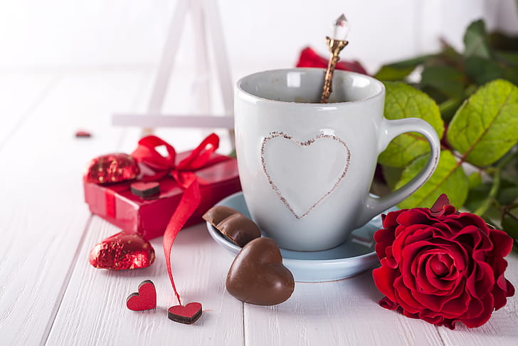 flowers, gift, roses, bouquet, hearts, red, love, romantic, chocolate, coffee cup, valentine's day, a Cup of coffee, gift box, HD wallpaper