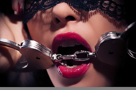 gray steel handcuffs, lips, teeth, metal handcuffs, HD wallpaper HD wallpaper
