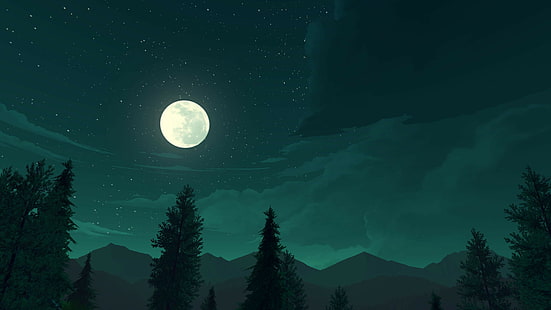 اكتمال القمر فوق صورة ظلية للأشجار ، Firewatch ، أفضل الألعاب ، لعبة ، السعي ، الرعب ، الكمبيوتر الشخصي ، PS4، خلفية HD HD wallpaper