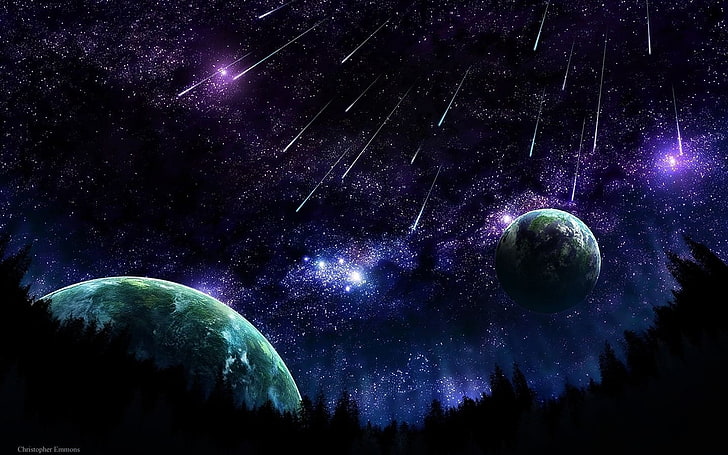 étoile filante et papier peint planète, espace, science fiction, planète, art numérique, ciel, arbres, nuit, art de l'espace, Fond d'écran HD