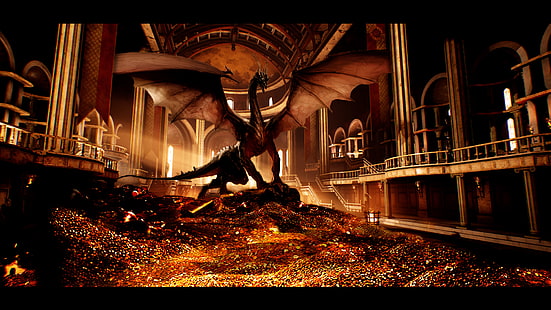 dragão, ouro, tesouro, Smaug, arte da fantasia, HD papel de parede HD wallpaper