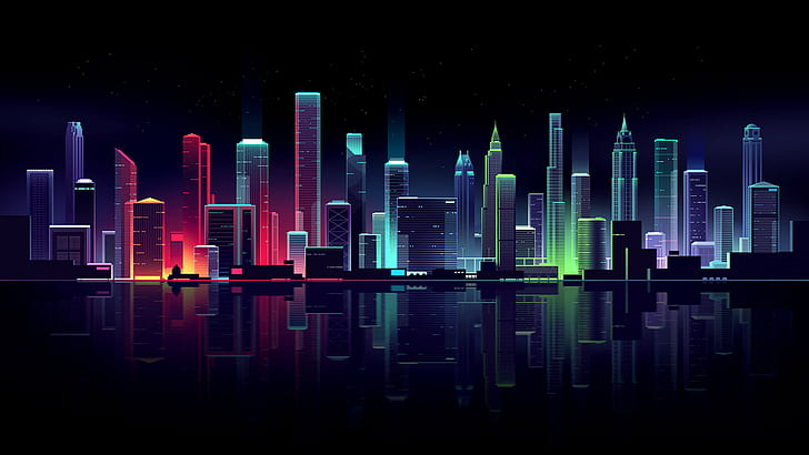 bangunan, lampu, ilustrasi, Romain Trystram, cityscape, kaki langit, warna-warni, refleksi, seni digital, Wallpaper HD