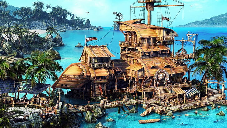 Механа Pirate Cove, таверни, абстрактно, дигитално, фентъзи, заливи, пирати, 3d и абстрактно, HD тапет