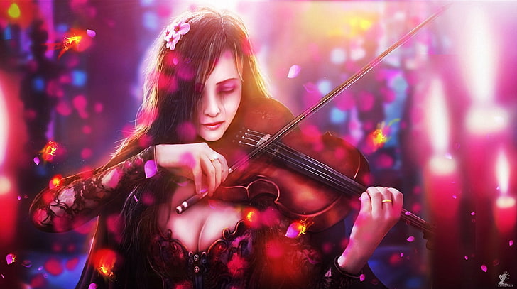 mujer tocando el fondo de pantalla de violín, tristeza, niña, pescado, flores, violín, arte, Fondo de pantalla HD