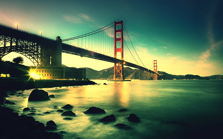 San Francisco, Bay Bridge, sky, lights, clouds, California, San Francisco, United States, Bay Bridge, HD wallpaper