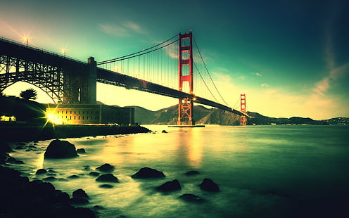San Francisco, Bay Bridge, ciel, lumières, nuages, Californie, San Francisco, États-Unis, Bay Bridge, Fond d'écran HD HD wallpaper