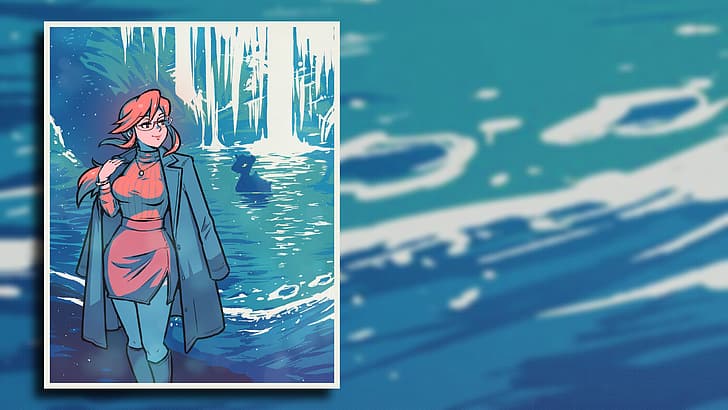 Lorelei (Pokémon), Pokémon, Lapras, ice, Ice cave, water, lake, stalactites, waves, red dress, red shirt, red skirt, pantyhose, leggings, knee-high boots, jacket, blue jacket, red sweater, necklace, redhead, glasses, bracelets, smile, smiling, smirk, looking away, looking sideways, miniskirt, lipstick, lips, anime girls, video games, video game girls, Pokemon First Generation, long hair, bangs, boots, buttons, Buttons (Clothes), closed mouth, coats, open coat, open clothes, sidelocks, silhouette, standing, sweater, HD wallpaper