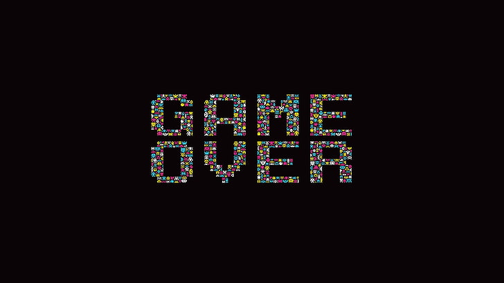 Game over illustration, jeux vidéo, GAME OVER, Space Invaders, fond noir, jeux rétro, typographie, minimalisme, fond simple, Fond d'écran HD