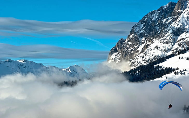 mountain, elevation, sky, paraglider, HD wallpaper