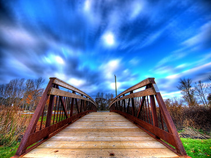 brown wooden bridge timelapse photography, forward, wooden bridge, timelapse photography, trees, sky, cold, nature, grass, clouds, winds, dex, flickr, flicker, flikr, flick, collection, colours, colour, colors, color, pages, photoshop, google, yahoo, msn, beauty, beautiful, brilliant, sensational, amazing, best, top, hot, photography, photograph, photos, photo, exposure, pics, pix, pic, images, image, screen,savers, clip,art, thumbnails, thumb, digital  graphics, wood - Material, bridge - Man Made Structure, forest, tree, outdoors, landscape, blue, scenics, footpath, HD wallpaper
