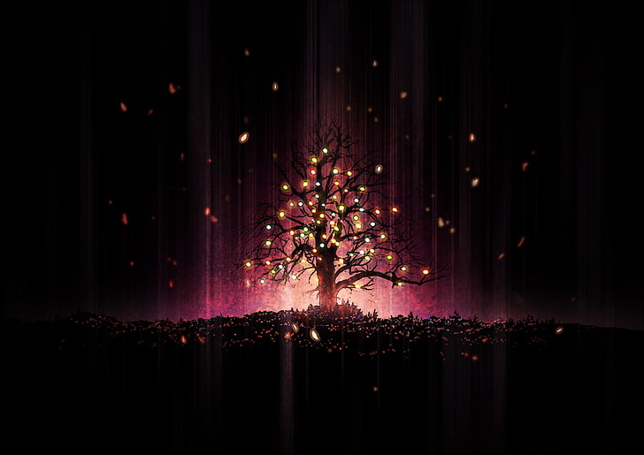 yggdrasil berry tree digital wallpaper, lights, tree, holiday, HD wallpaper