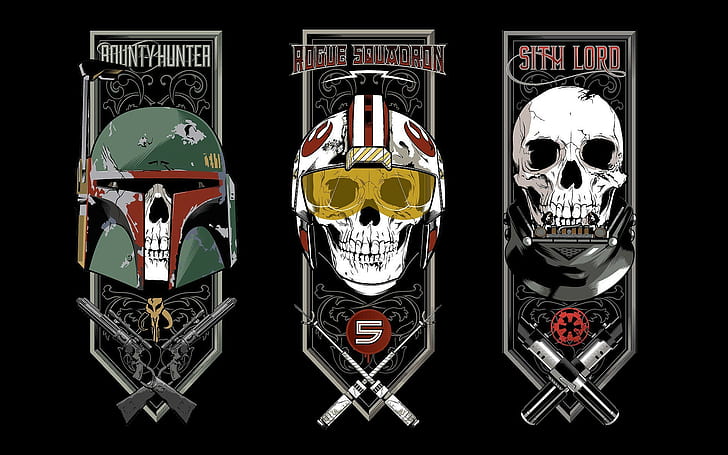 Drei Totenkopf-Kunstwerke mit verschiedenen Charakteren, Star Wars, Boba Fett, Darth Vader, HD-Hintergrundbild