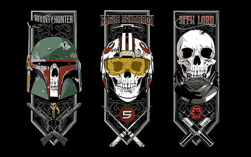 Drei Totenkopf-Kunstwerke mit verschiedenen Charakteren, Star Wars, Boba Fett, Darth Vader, HD-Hintergrundbild HD wallpaper