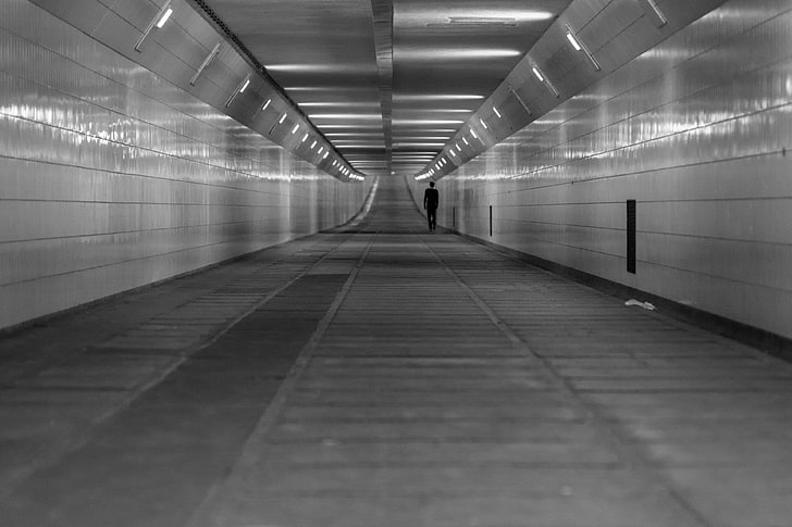 black and white, pedestrian zone, rotterdam, street, tunnel, walking, HD wallpaper