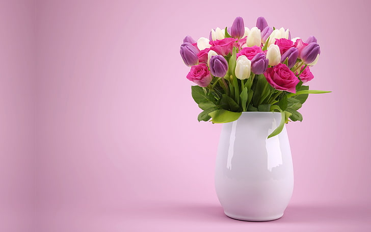 Lindas flores vaso fundo rosa, tulipas e rosas brancas, roxas e rosa e vaso de cerâmica branca, HD papel de parede