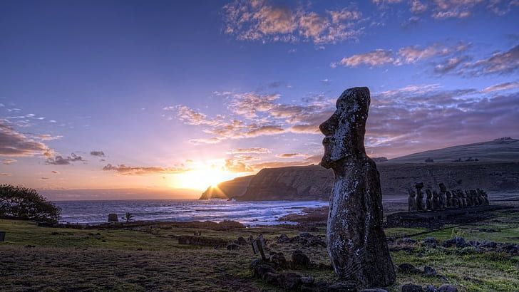 natur solnedgång landskap staty moai påskön, HD tapet