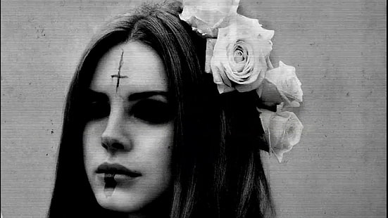 photo en niveaux de gris d'une femme, gothique, Lana Del Rey, croix inversée, Fond d'écran HD HD wallpaper
