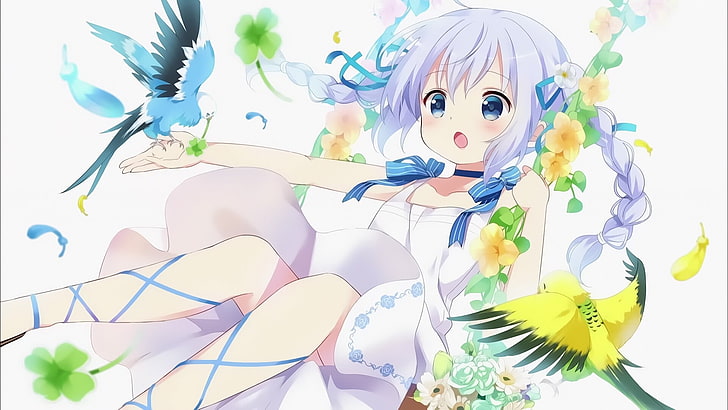 gadis anime, Gochuumon wa Usagi Desu ka ?, Kafuu Chino, birds, Wallpaper HD