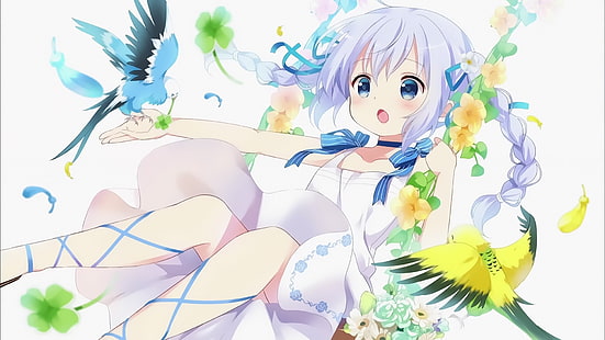 wanita dengan wallpaper anime rambut panjang biru, Gochuumon wa Usagi Desu ka ?, Kafuu Chino, gadis anime, burung, Wallpaper HD HD wallpaper