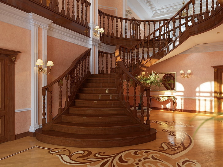 кафяво дървено стълбище, стълбище, стая, коридор, дизайн, интериор, HD тапет