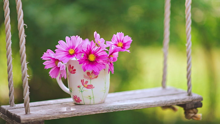 mug, vase, wild flower, garden, swing, summer, HD wallpaper