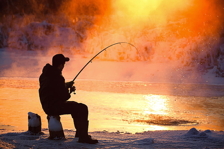 лед, зима, мужчина, веселье, рыбалка, рыболовное снаряжение, HD обои