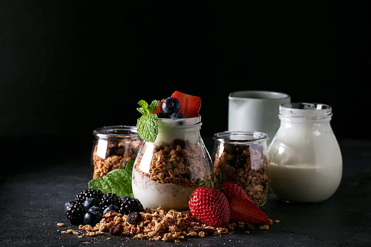 berries, Breakfast, yogurt, granola, HD wallpaper