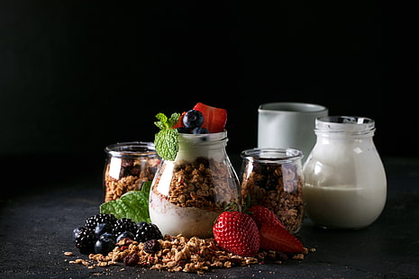 frutas, café da manhã, iogurte, granola, HD papel de parede HD wallpaper