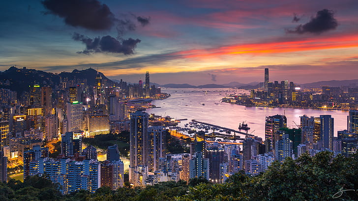 the city, Hong Kong, China, Braemar Hill, evening Zorya, Victoria Harbour, HD wallpaper