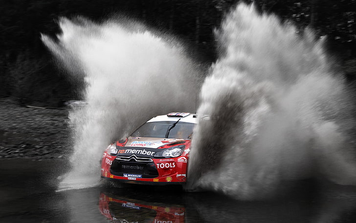 red and white Citroen car, Water, Red, Auto, Sport, Machine, Speed, Race, Citroen, Squirt, DS3, WRC, Rally, The front, Black and white, HD wallpaper