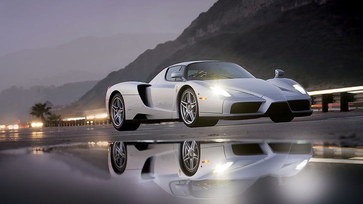 светоотражающая фотография серебряного гоночного автомобиля, автомобиля, Ferrari Enzo, отражение, HD обои