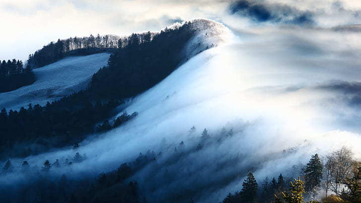 Montanhas de nevoeiro 4K 8K, montanhas, nevoeiro, HD papel de parede