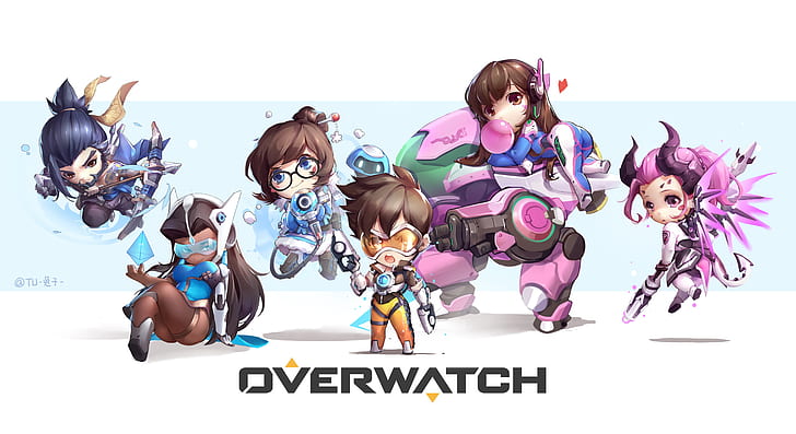 overwatch, tracer, d.va, mercy, hanzo, mei, chibi, anime style, Anime, HD wallpaper