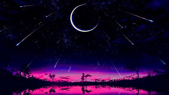 sunset, moon phases, night, purple background, shooting stars, dark, stars, alone, nature, HD wallpaper HD wallpaper