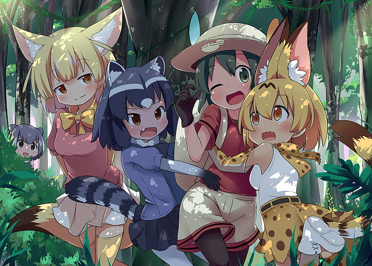 Anime, Kemono Friends, Fennec (Kemono Friends), Kaban (Kemono Friends), Raccoon (Kemono Friends), Serval (Kemono Friends), HD wallpaper