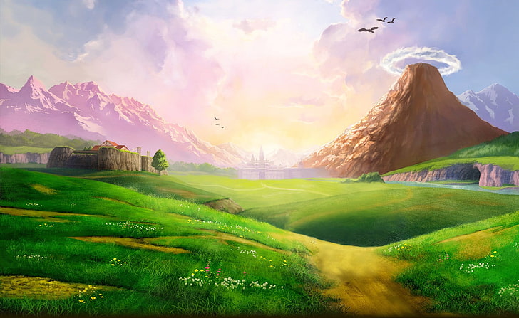 ilustrasi lapangan rumput hijau, Legenda Zelda, Legenda Zelda: Ocarina of Time, Death Mountain, Lon Lon Ranch, Hyrule Castle, Wallpaper HD