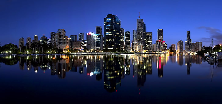 черно-серые высотные здания, ночь, огни, отражение, река, небоскребы, подсветка, Австралия, мегаполис, Квинсленд, Брисбен, Брисбен Сити, HD обои