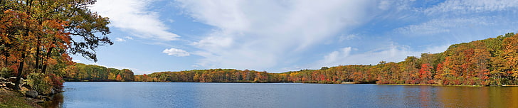 triple écran, paysage, grand angle, lac, forêt, automne, feuilles rouges, Fond d'écran HD